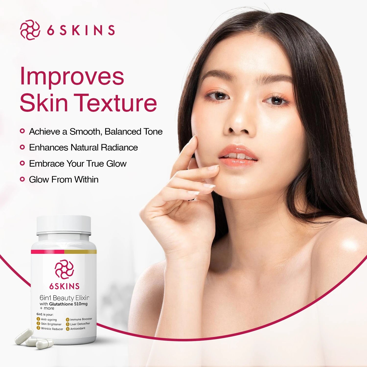 6skins glutathione 2000mg-natural Antioxidant, Anti-aging, Skin Whitening & SMOOTH Supplements - Six Skins Health